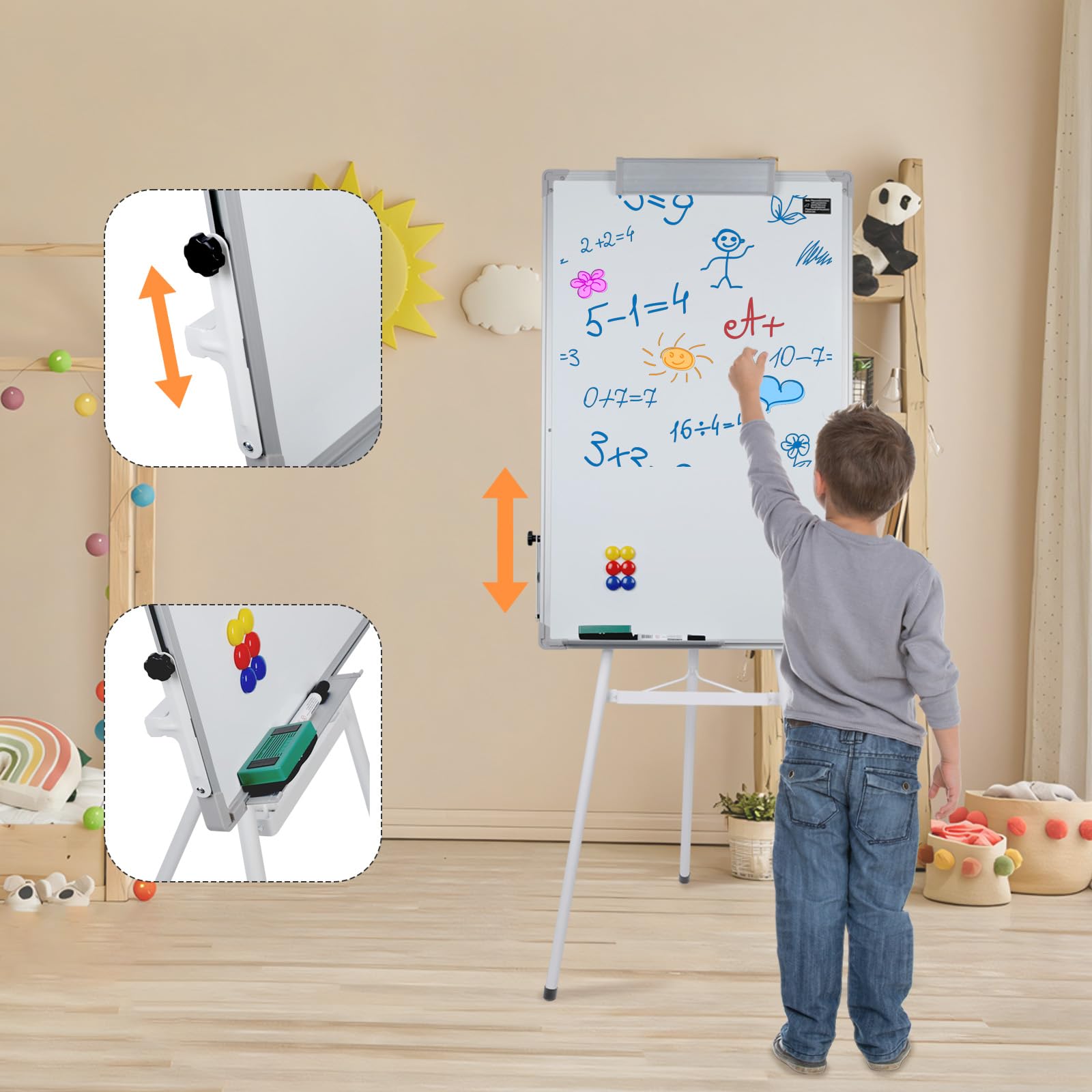 OHMG - Lavagna Bianca Cancellabile su Cavalletto, Efficace a Secco, Magnetica, Altezza Regolabile con Supporto, Mobile, Portablocco per Conferenze (70 * 90 cm - Bianco)