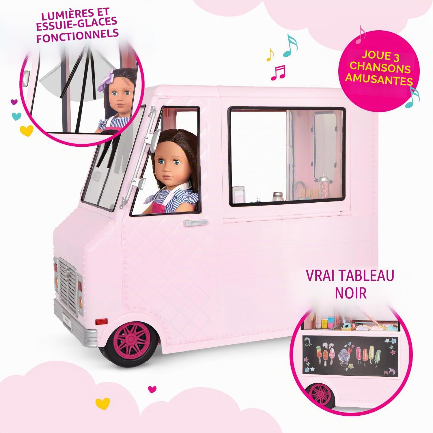 Our Generation Sweet Stop, Camion à Glace Rose pour poupées de 46 cm | Camion à glace rose avec tableau à craie, lumières, essuie-glace et 3 chansons; comprend 128 pièces au total; 3 ans et +