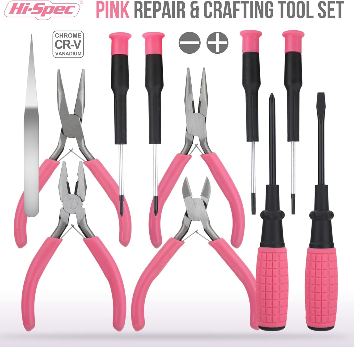 All components of the Hi-Spec 11pc Pink Hand Tool Kit laid out, including various pliers, screwdrivers, and tweezers.