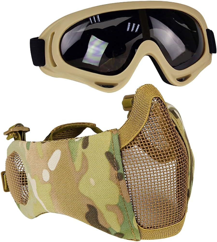Airsoft Protective Gear Set, Half Face Mesh Mask with Ear Protection and Goggles for Adult Men Women BBS Paintball Shooting CS Survival Games Cosplay