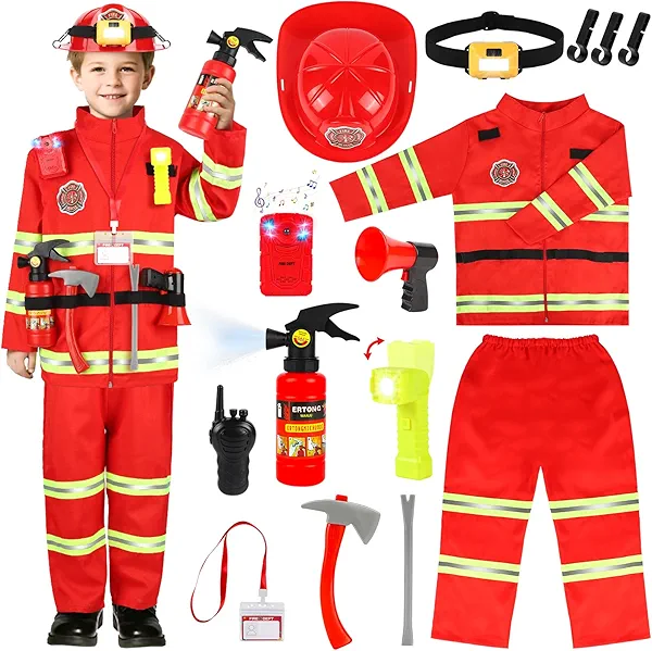 HUUIDY Firefighter Costume for Kids, Fireman Costume with Firefighter Tools, Fire Extinguisher, Helmet Light, Right Angle Flashlight, Kids Dress Up Clothes, Halloween Pretend Play Gift for Boys Age 4+
