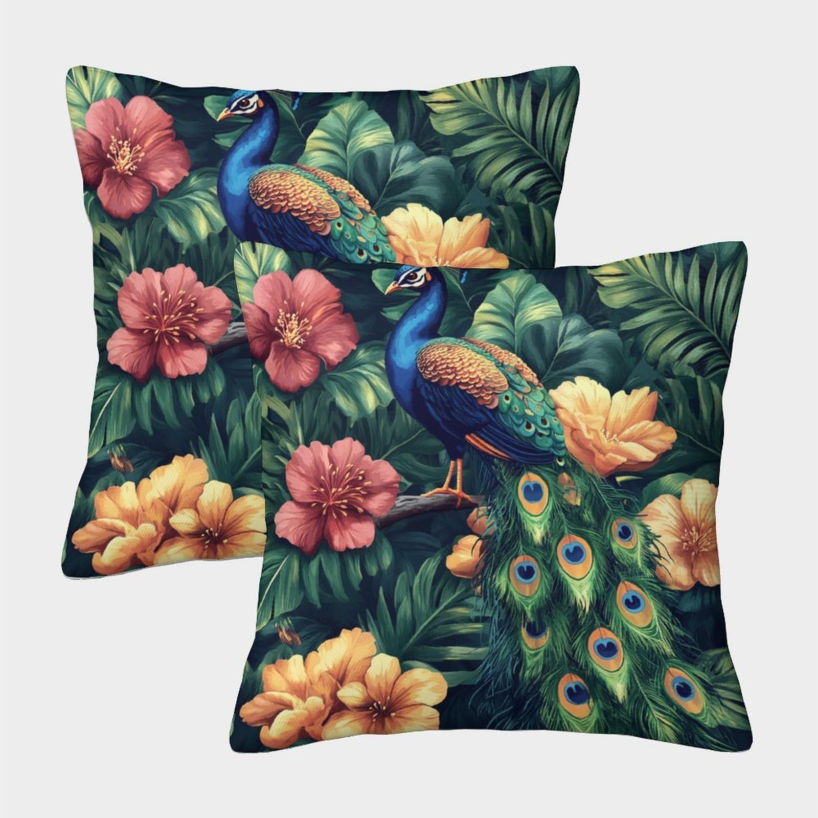 kaiyun 2 Pack Hawaiian Style,Flowers, Peacock 3D Cushion Cover Pillow Cover Sofa Outdoor Decoration Square 45x45cm
