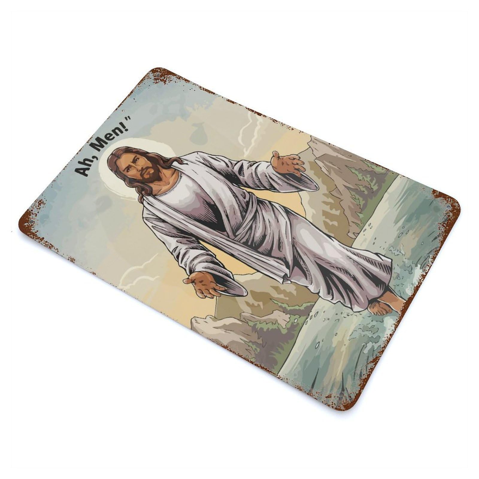Rust Effect Jesus Walking on Water Decorative Tin Sign 11.8"x7.9", Vintage Wall Decor for Farmhouse, Kitchen And Entryway Decor