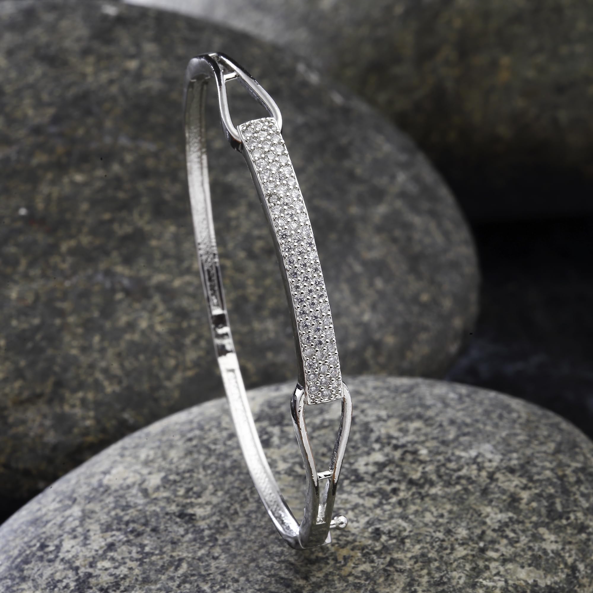 Rhodium-Plated American Diamond Studded Kada Bracelet (Design4)
