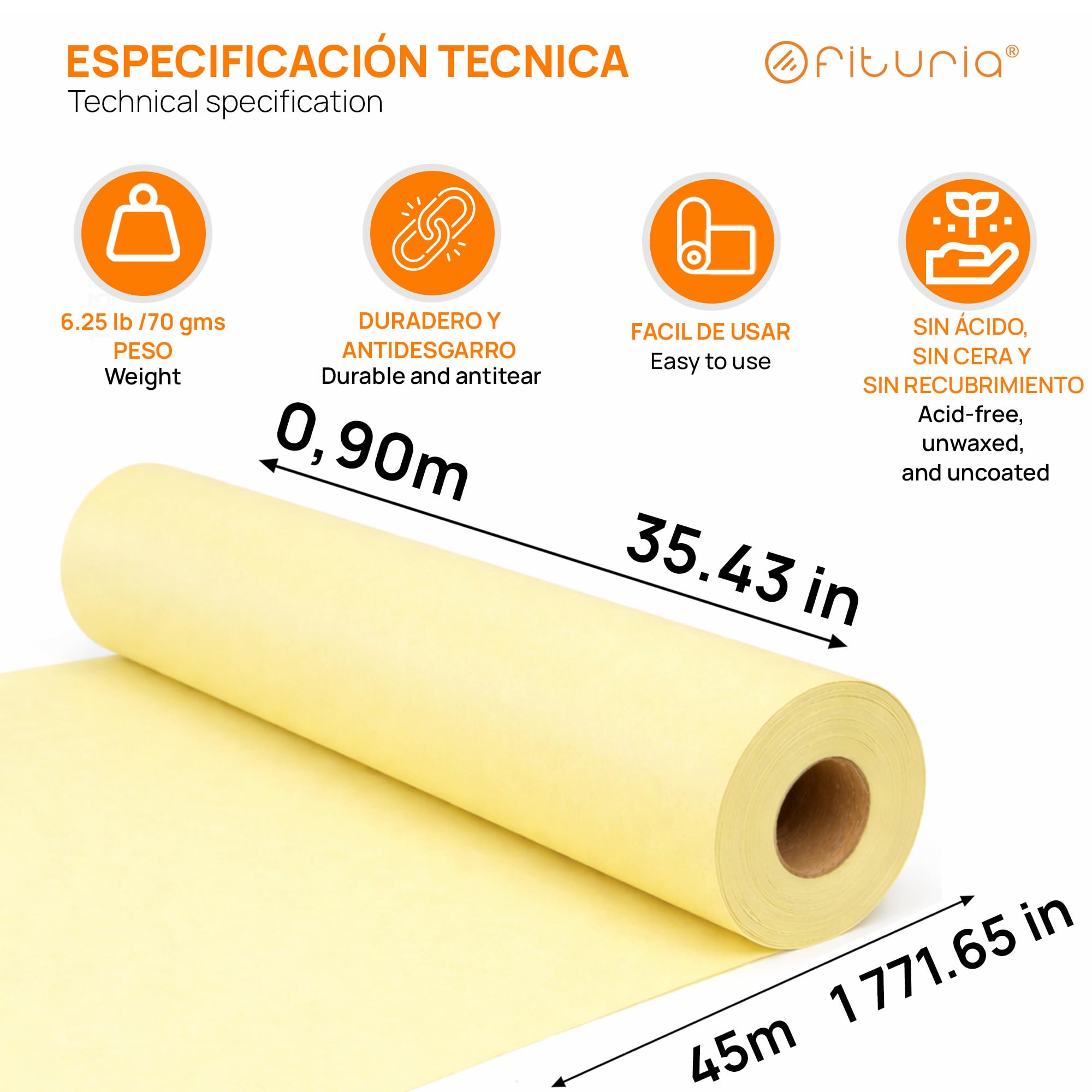 OFITURIA Papel Kraft Pastelowy żółty Rolka 0,90 x 45 m, 3 rolki, papier pakowy i papier do pakowania prezentów, do wysyłki i majsterkowania, trwały i łatwy do cięcia