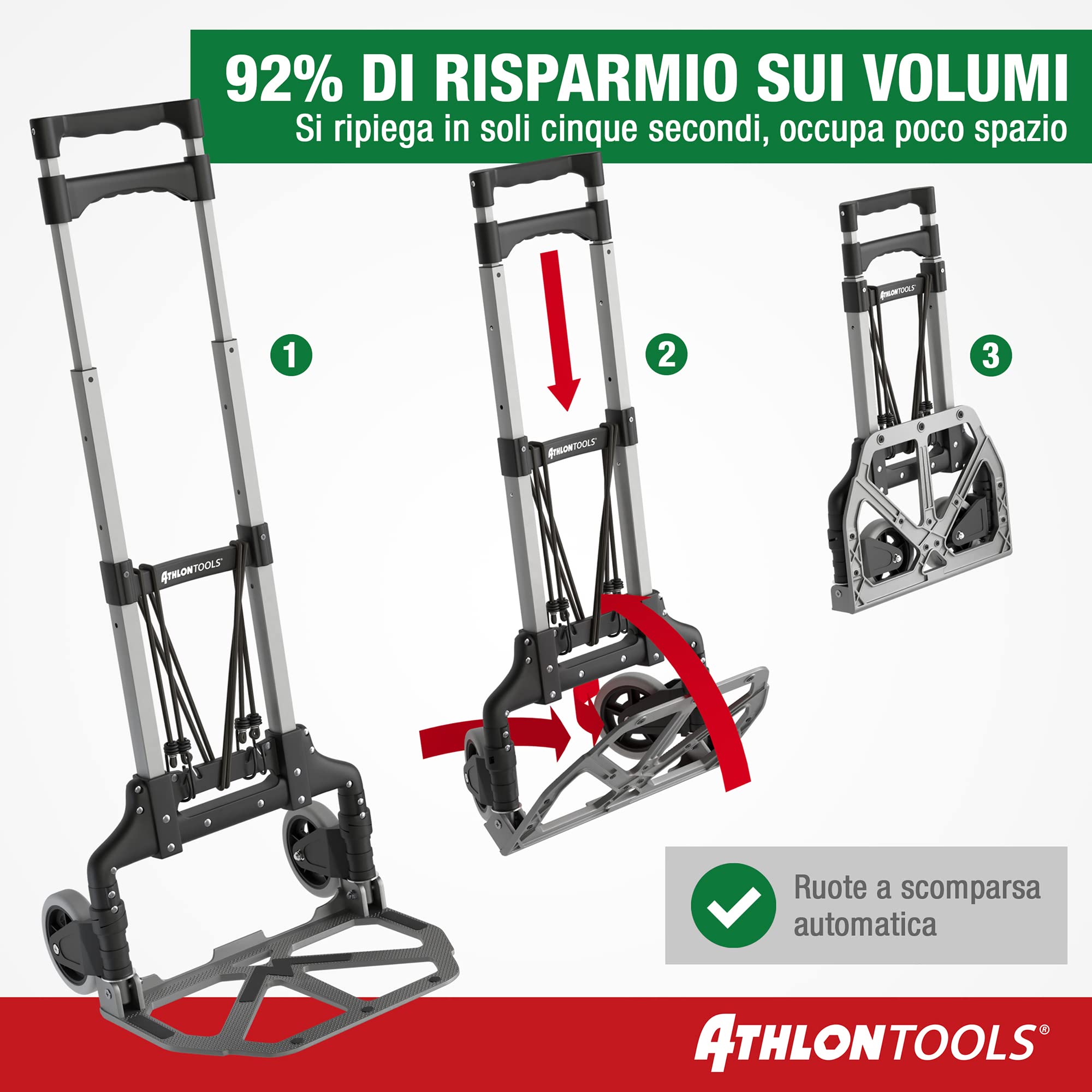 ATHLONTOOLS Carrello Trasporto Pieghevole in Alluminio 70 kg TÜV GS-certificato– Carrello Portapacchi con Ruote Silenziose, Manico Telescopico 110 cm, Cuscinetti Antiscivolo e 2 Corde Elastich