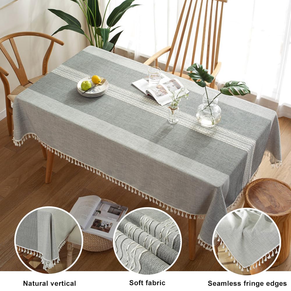 Tischdecke Abwaschbar Leinen Baumwolle Rechteckig Tischtuch Gestreift Design mit Quasten Tischdecke Wasserdicht für Outdoor Garten und Home Küche Dekoration (Grau,140x300cm)