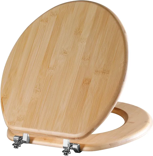 Angol Shiold Round Bamboo Toilet Seat with Zinc Alloy Hinges, Easy to Install also Easy to Clean, Natural Bamboo, Light, 16.5-inch