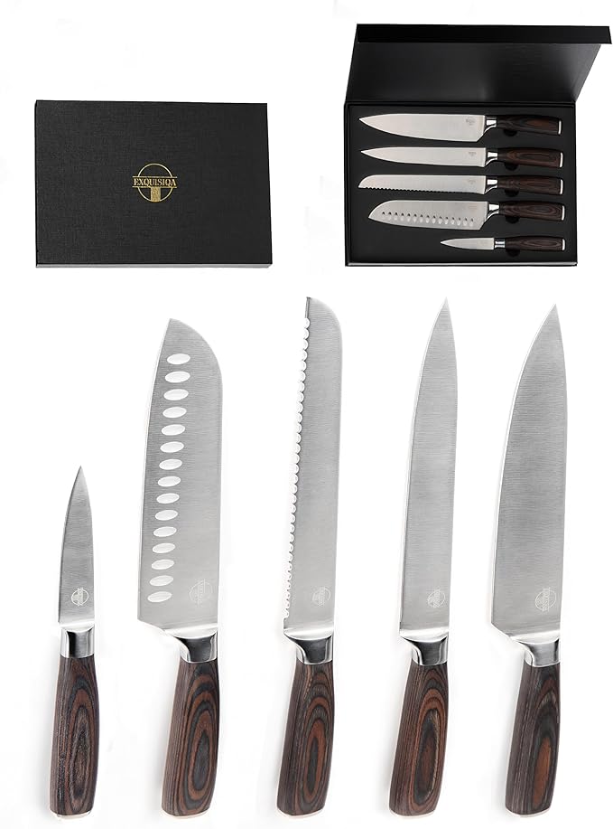 EXQUISIQA Juego de Cuchillos de Cocina Profesional – Set 5 Piezas de Acero Inoxidable Afilados con Mango de Madera Ergonómico, Cuchillos para Chef y Hogar, Incluye Caja Regalo