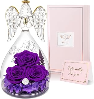 Mom Birthday Gifts for Mom Women, Glass Angel Figurines with Three Real Rose Gifts for Grandma Mom Her, Preserved Flowers Rose Angel Gifts for Mothers Day Christmas Anniversary Birthday Gifts