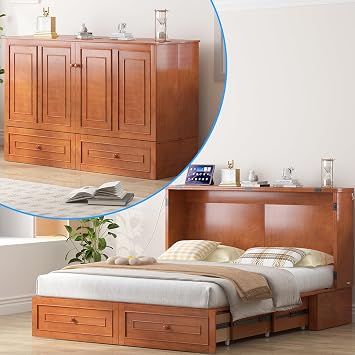 PUREMIND Queen Murphy Bed Frame with Headboard, Hideaway Chest Bed Frame Storage Drawers, USB Charging Ports- Space Saving Cabinet Chest Beds for Guest Room, Bedroom