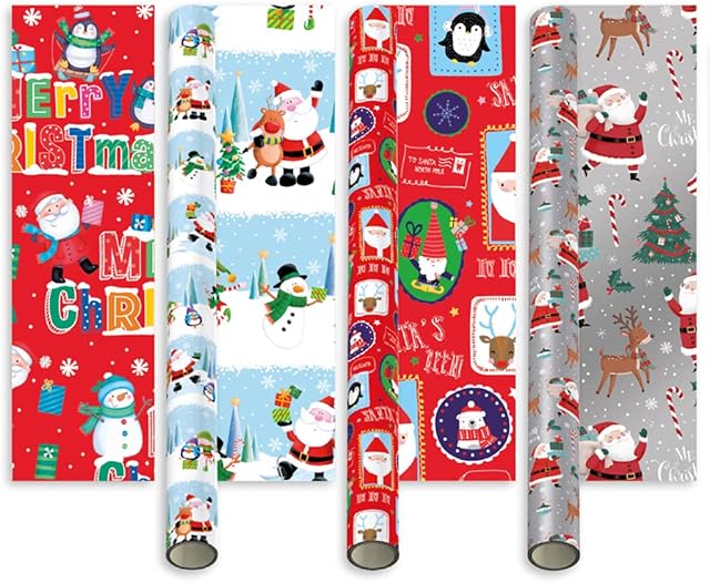 Pack of 4 x 4M Cute Christmas Santa and Friends Wrapping Paper roll -Perfect for Christmas, Festival and Festive Decoration