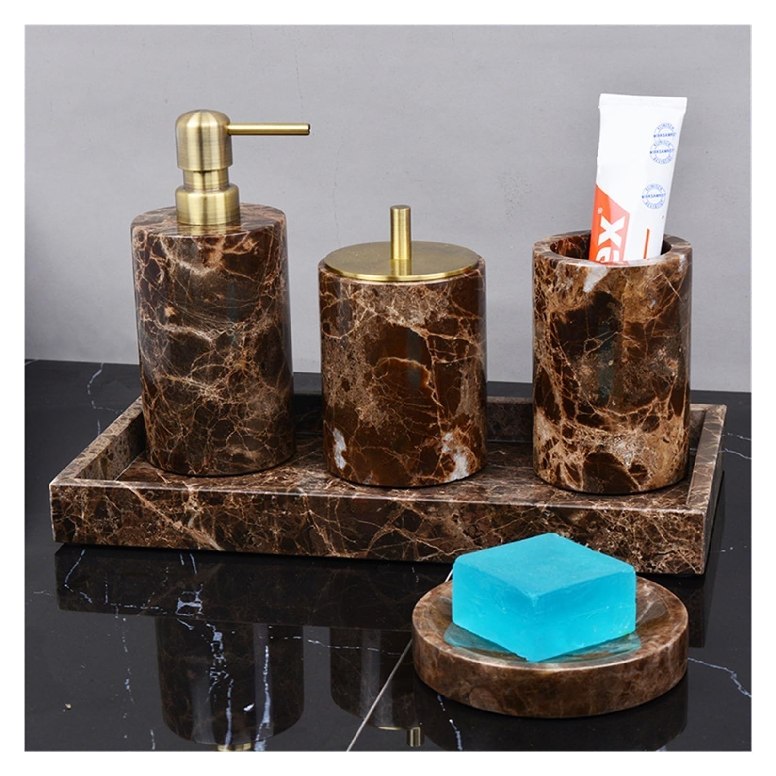 Set Dispensador Jabon Baño Accesorios de baño de mármol natural marrón Dispensador de jabón de mármol de lujo Soporte for cepillo de dientes Juego de bandeja for jabonera for baño(Teacup-Square)