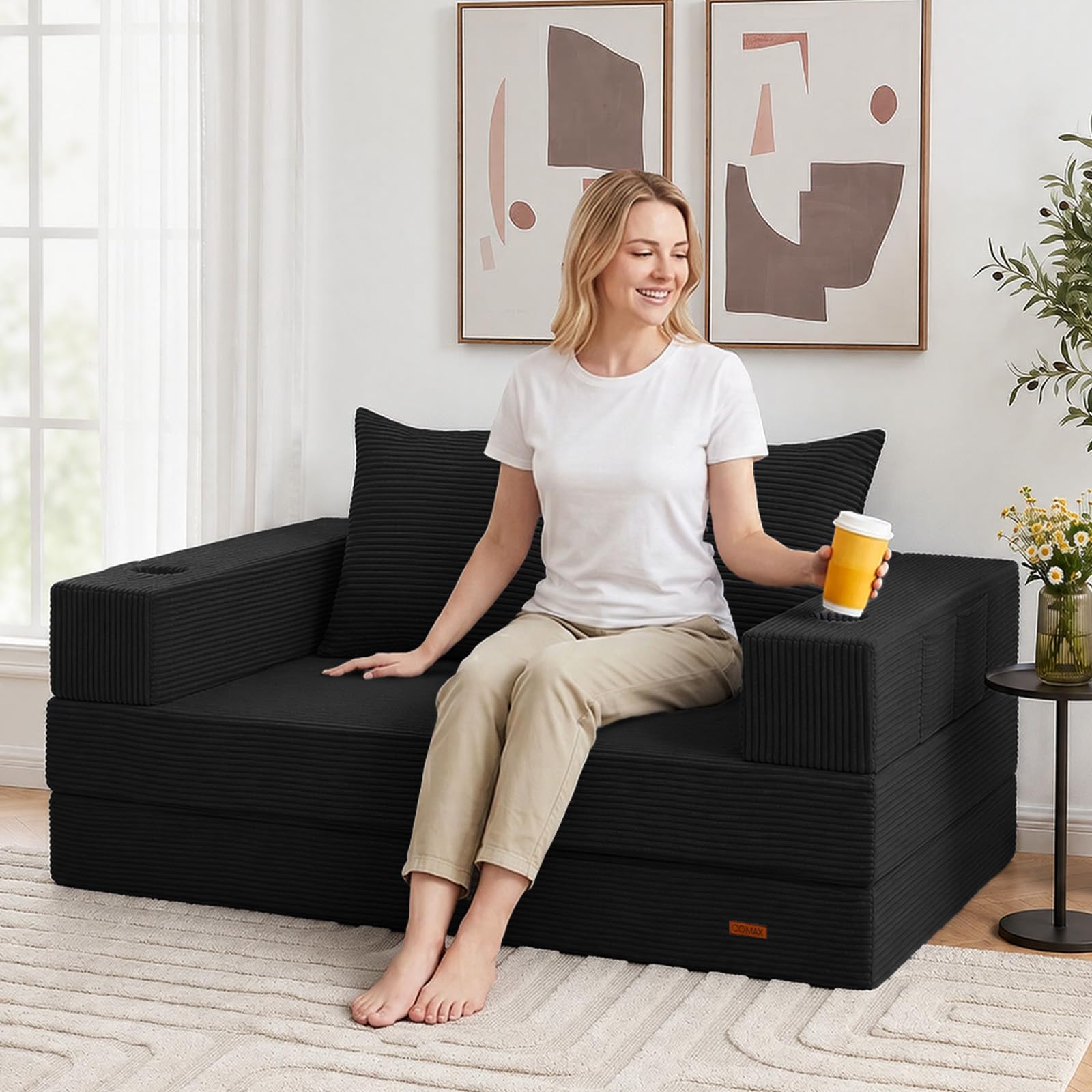 COMAX Futon Sofa Bed, Convertible Sofa Bed, Folding Boneless Couches | Low-Profile Boneless Couch for Living Room, 11.8" H Low Seat Small 59" Foldable Floor Sleeper Mattress Lounge Space‑Saving