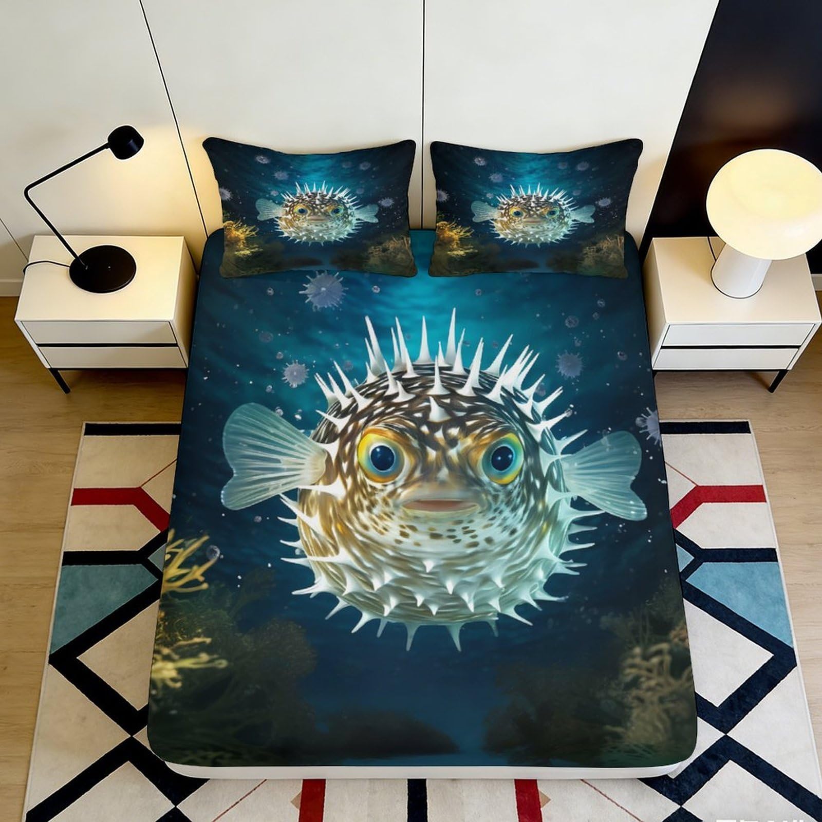 Pnayamiorkfel Style-1 3D Printed Puffer Fish Ocean Fitted Sheet Microfiber Soft Artistic Sea Life Bed Cover For Bedroom Home Decor 90X200x25cm