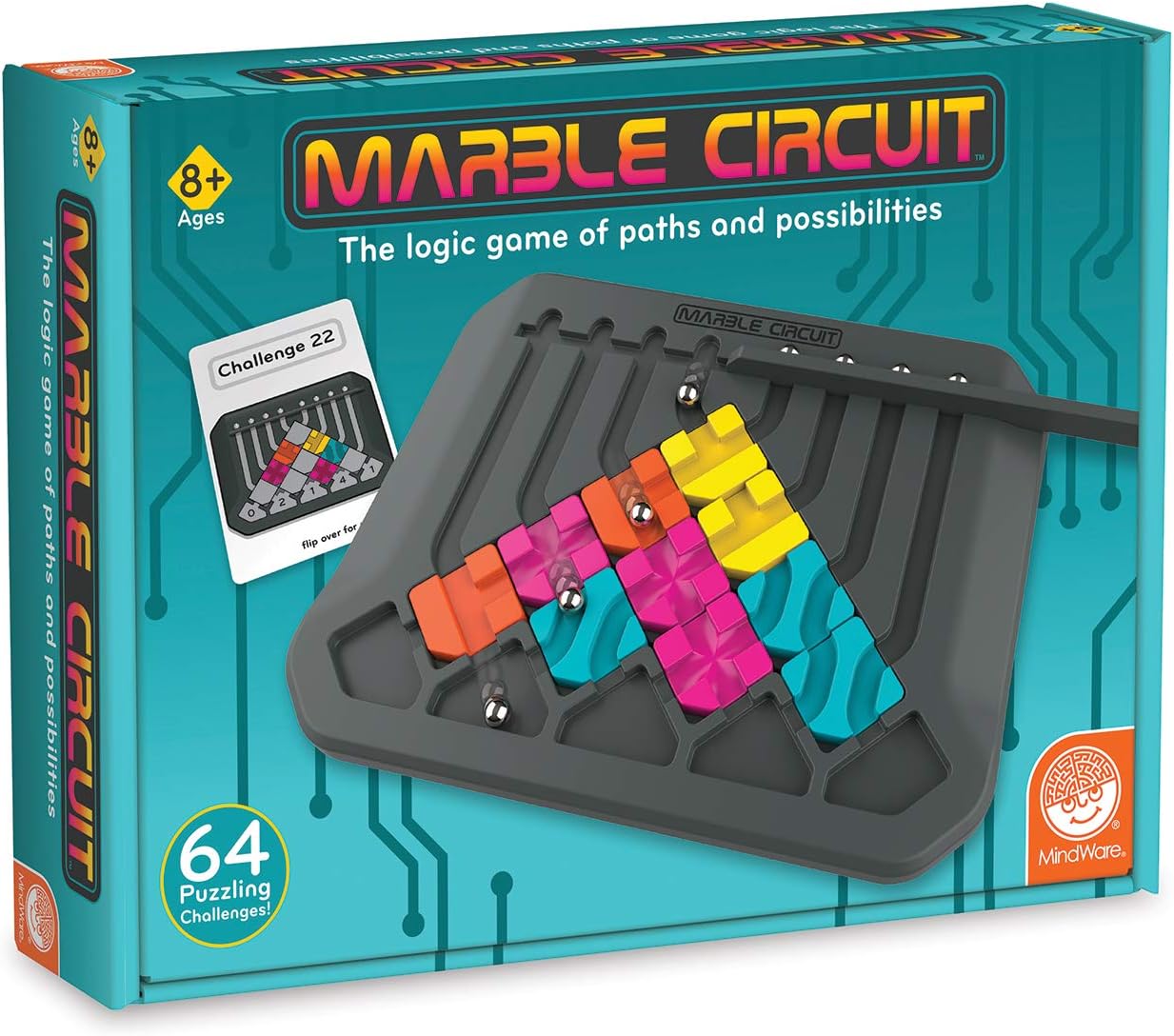Marble Circuit Puzzle, Logic Game with 64 Challenges, Brainteaser Game for Ages 8 & Older