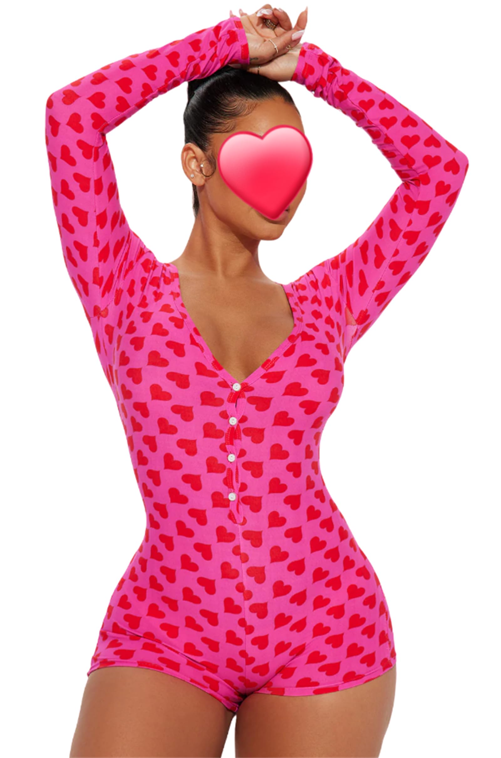 Women Valentine's Day Romper One Piece Pajamas Long Sleeve V-Neck Heart Bodycon Jumpsuit Galentine Party Pjs-image-2