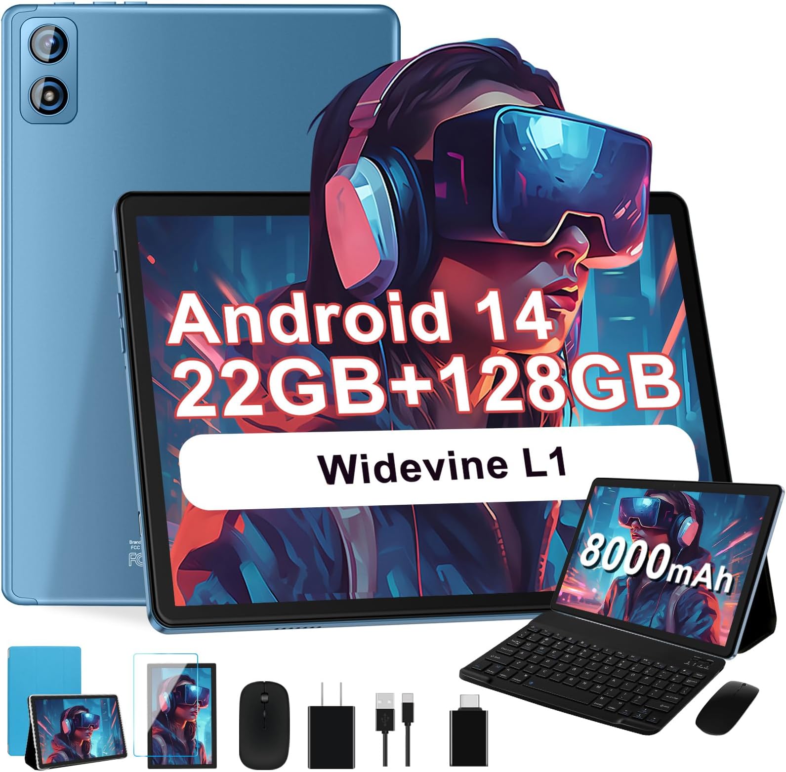 Dghrti 2024 Android 14 Tablet, 22GB + 128G/1TB Tablets 10 Inch with 8000mAh Battery, Octa-Core, GPS, Split Screen, Face Unlock, 2 in 1 Tablet with Keyboard, Mouse