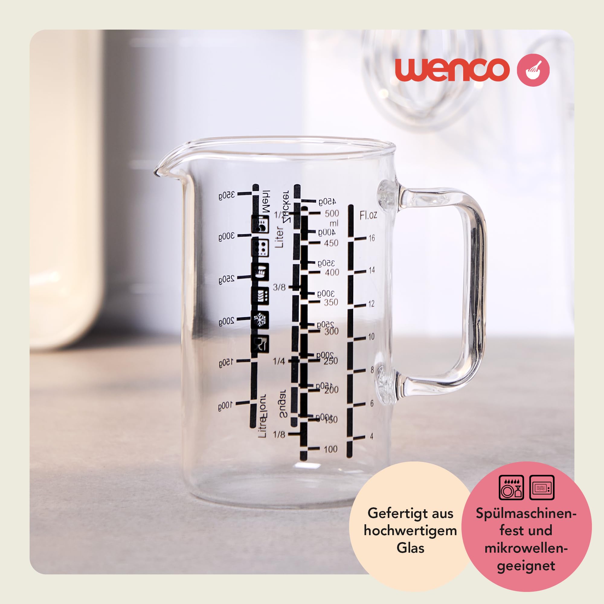OnePine 500ml Glas Maatbeker met Schalen, Borosilicate Meetkruik met Deksel, Hittebestendige Meetcontainers voor Vloeistoffen