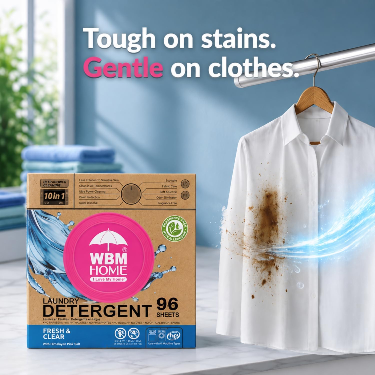 WBM Home Laundry Detergent Sheets, Fragrance Free, 96 Count, Laundry Soap Sheets for HE & Standard Washing Machines, Dissolves in Hot & Cold Water