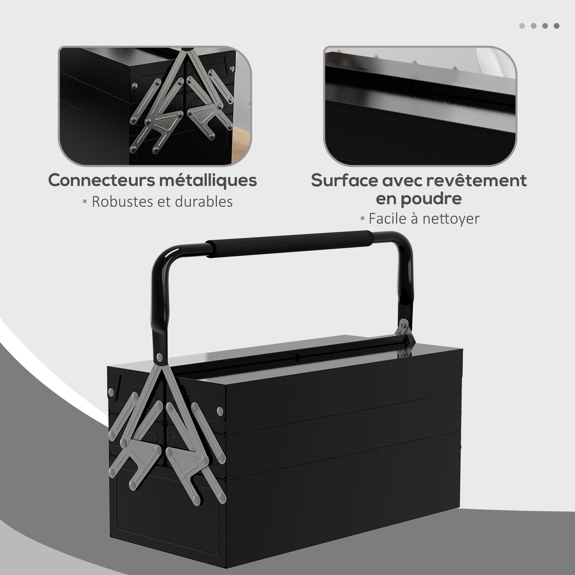 DURHAND Boite à Outils Métallique 3 Niveaux 5 Plateaux Rétractables Noir