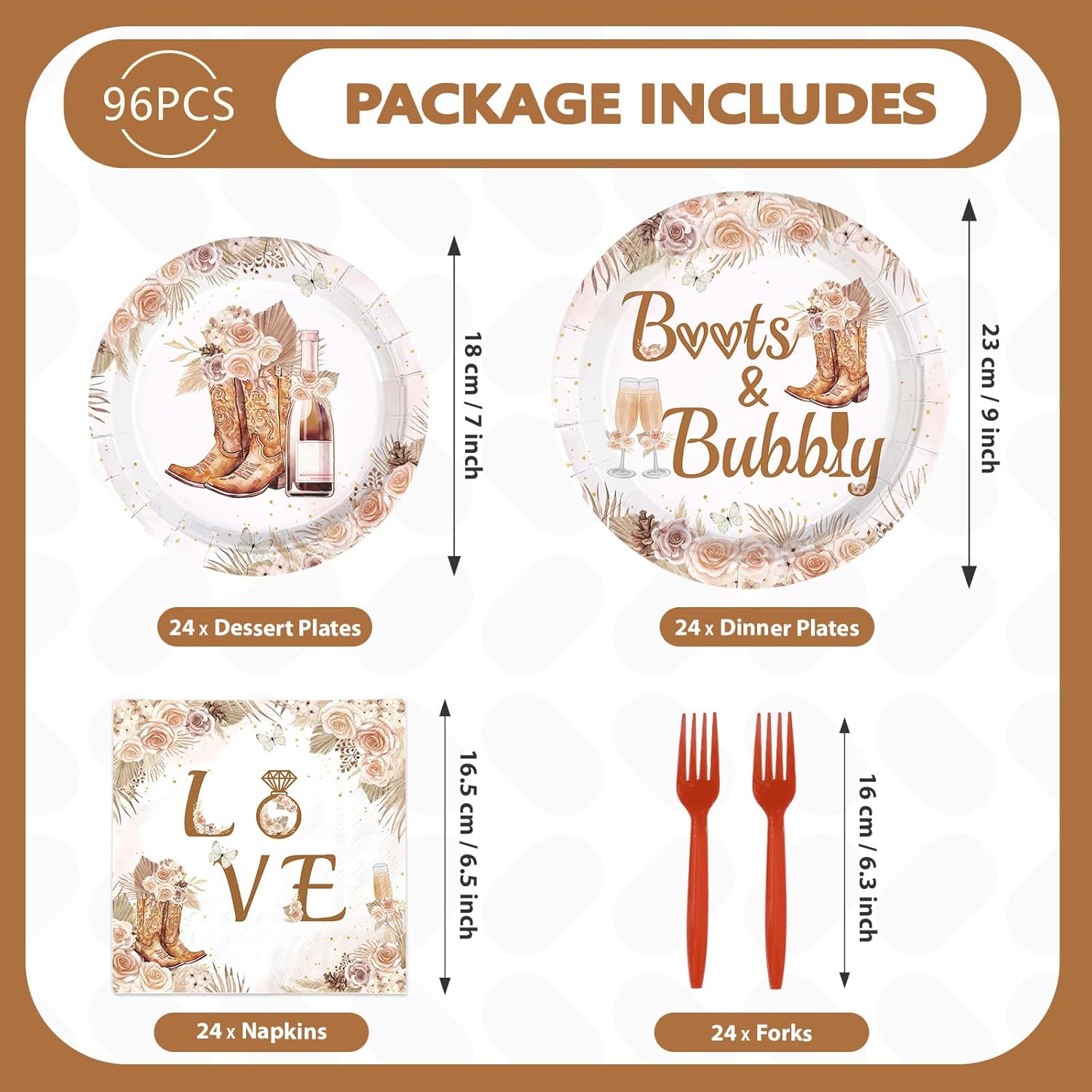96Pcs Boots and Bubbly Bridal Shower Decorations Western Bridal Shower Plates and Napkins Tableware Sets Boho Bride To Be Decorations for Wedding Bachelorette Engagement Party Supplies Serves 24