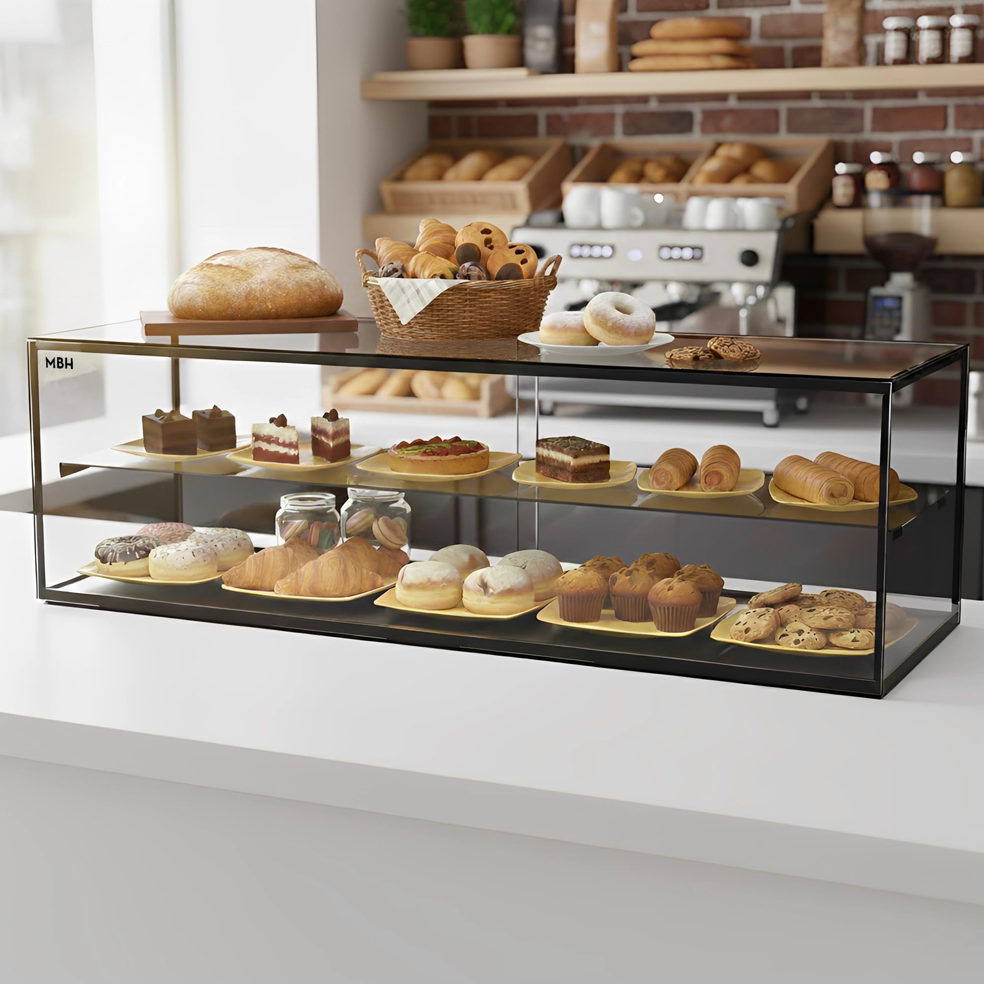 MBH - Vitrina Expositora Neutra de Sobremostrador 120x39 cm, Cristal Recto Templado, 2 Pisos, sin Iluminación LED, Puertas Traseras Correderas, para Bar, Cafetería, Restaurante, Bollería y Repostería.