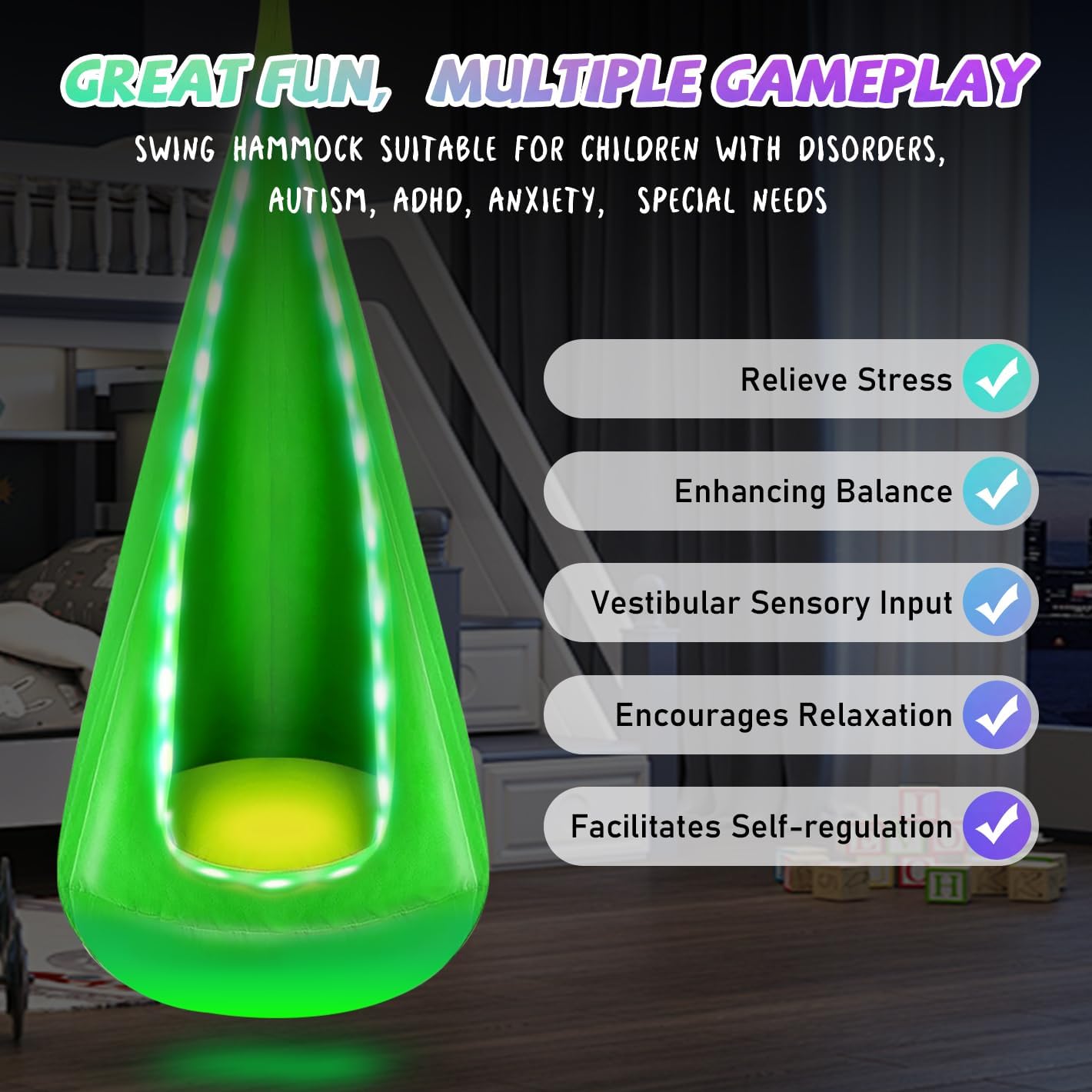 Light Up Kids Pod Swing Seat, Hanging Hammock Chair with LED Lights, Upgraded Cotton Child Sensory Swing Seat, Sensory Swing for Autistic Kids Indoor & Outdoor Play (Green) - Image 5