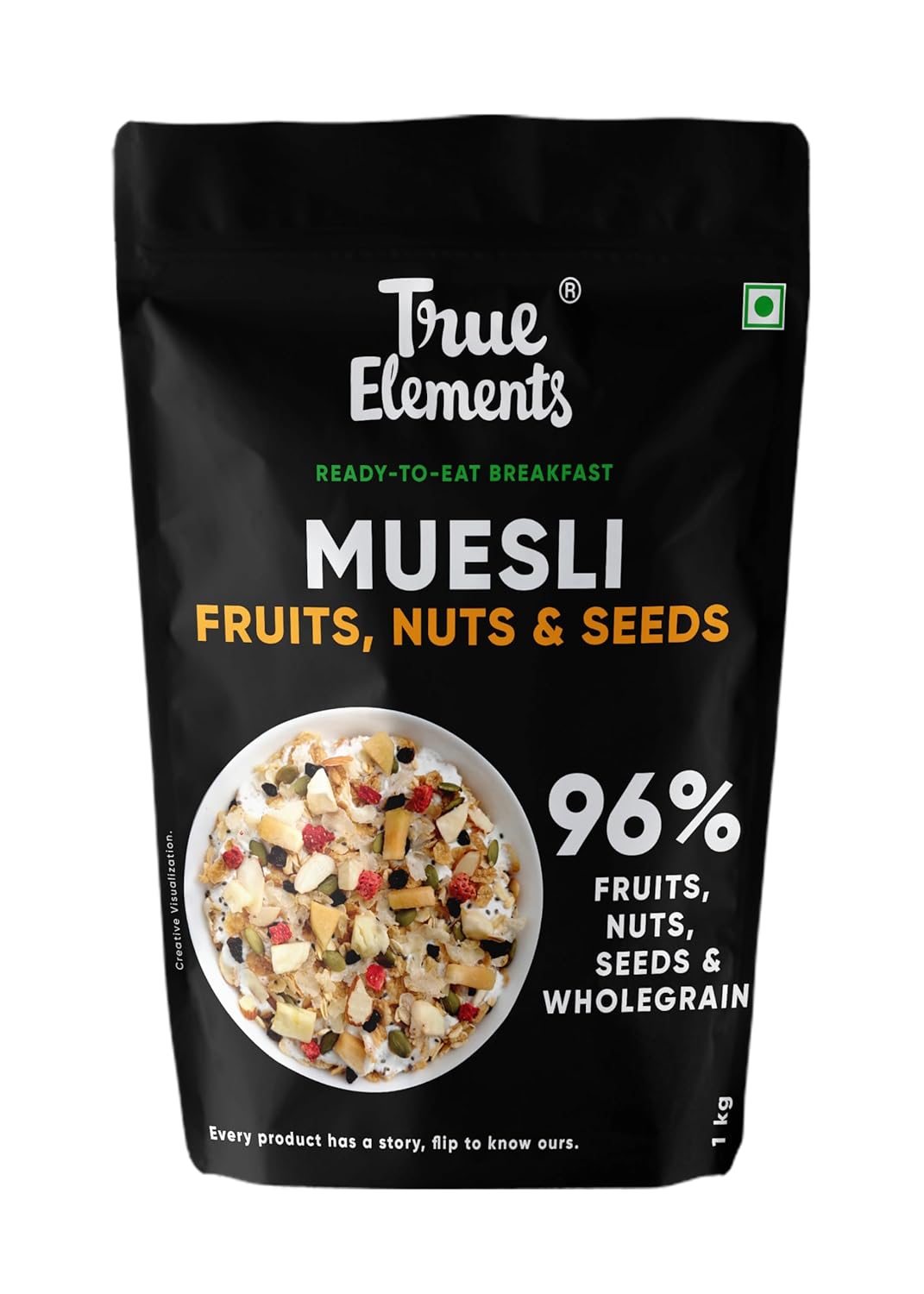 True Elements Muesli Fruit and Nuts 1kg – With Real Fruits & Almonds | 100% Wholegrain Muesli with Oats, Almonds | Real Freeze-dried fruits, Not Candied | Breakfast Cereal | High Fibre & Nutrient-Rich blend