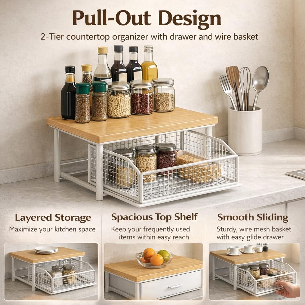 Kitchen Countertop Organizer with Drawer & Wire Basket, 2-Tier Hardwood Shelf for Coffee Maker, Toaster or Compact Microwave, Space-Saving Coffee Bar Storage Rack (Natural wood color + black)