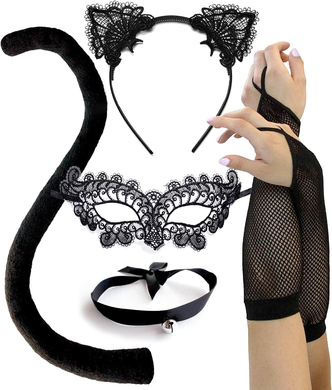 Black Cat Costume for Women, Halloween Masquerade Mask, Lace Ears, Gloves, Tail, Choker Necklace