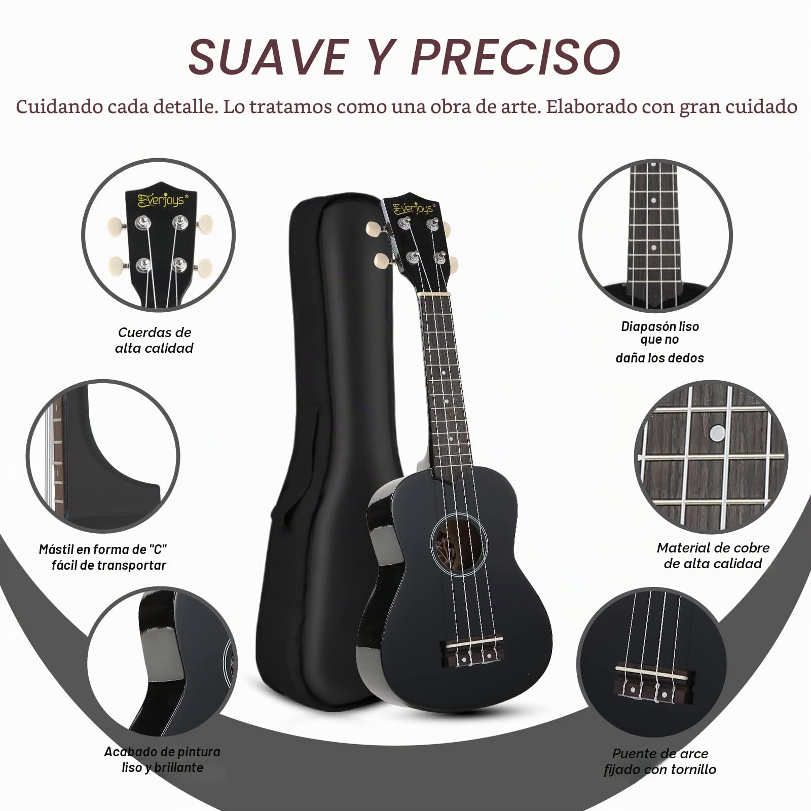 Everjoys Kit de ukelele soprano para principiantes, para niños, adultos, estudiantes, 21 pulgadas, correa de repuesto, cuerda de repuesto, paño de pulido, púas de cancionero (negro brillante)