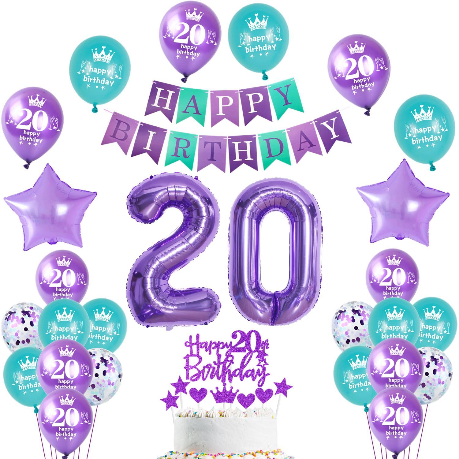 Balloon 20th Birthday Fruaen Decoration Purple, Birthday Decoration 20 Years Fruaen Balloon, Giant Foil Balloon Number 20, Happy Birthday Banner, Purple Cake Decoration 20th Birthday Women Girls
