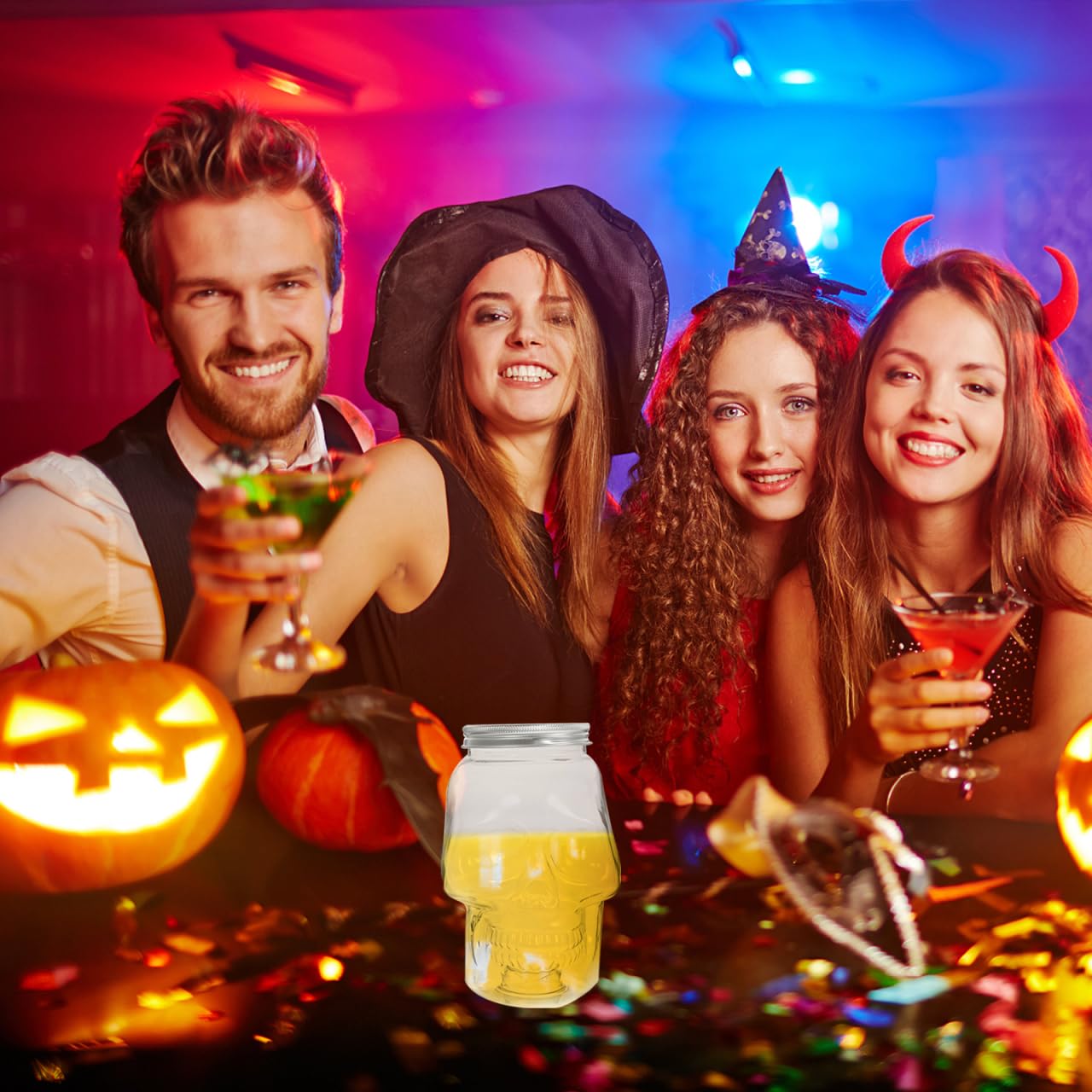 Cabilock 6 bottiglie trasparenti per bevande, a tema Halloween, ricaricabili, con coperchio, multifunzione, per feste ed eventi