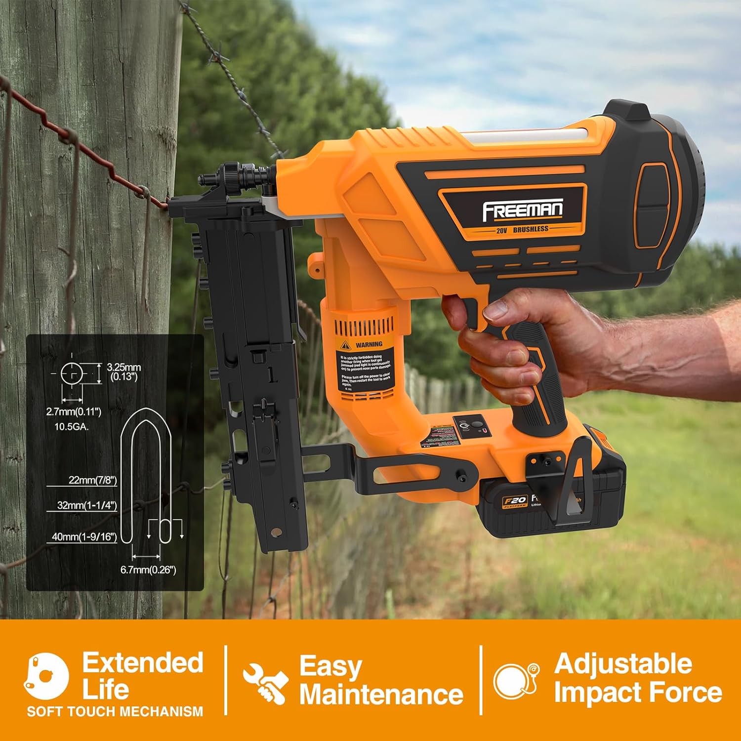 Freeman PE20VFS105 20 Volt Cordless and Brushless 10.5-Gauge 1-9/16" Fencing Stapler Kit with Lithium Ion Battery, Charger, and Case – 750 Shots per Charge