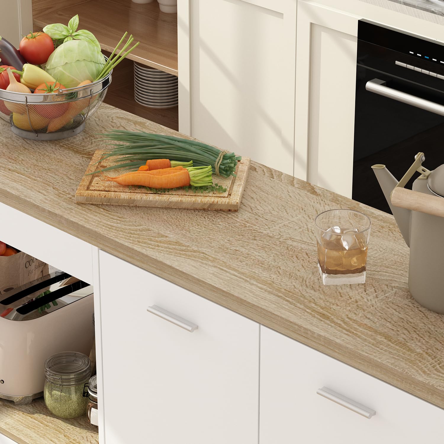Kücheninsel mit Arbeitsplatte, Küchenschrank mit schubladen, Kücheninsel mit Verstellbare Regale, Buffetschrank, Holz&Weiß, 150 x 91 x 80 cm, MDF