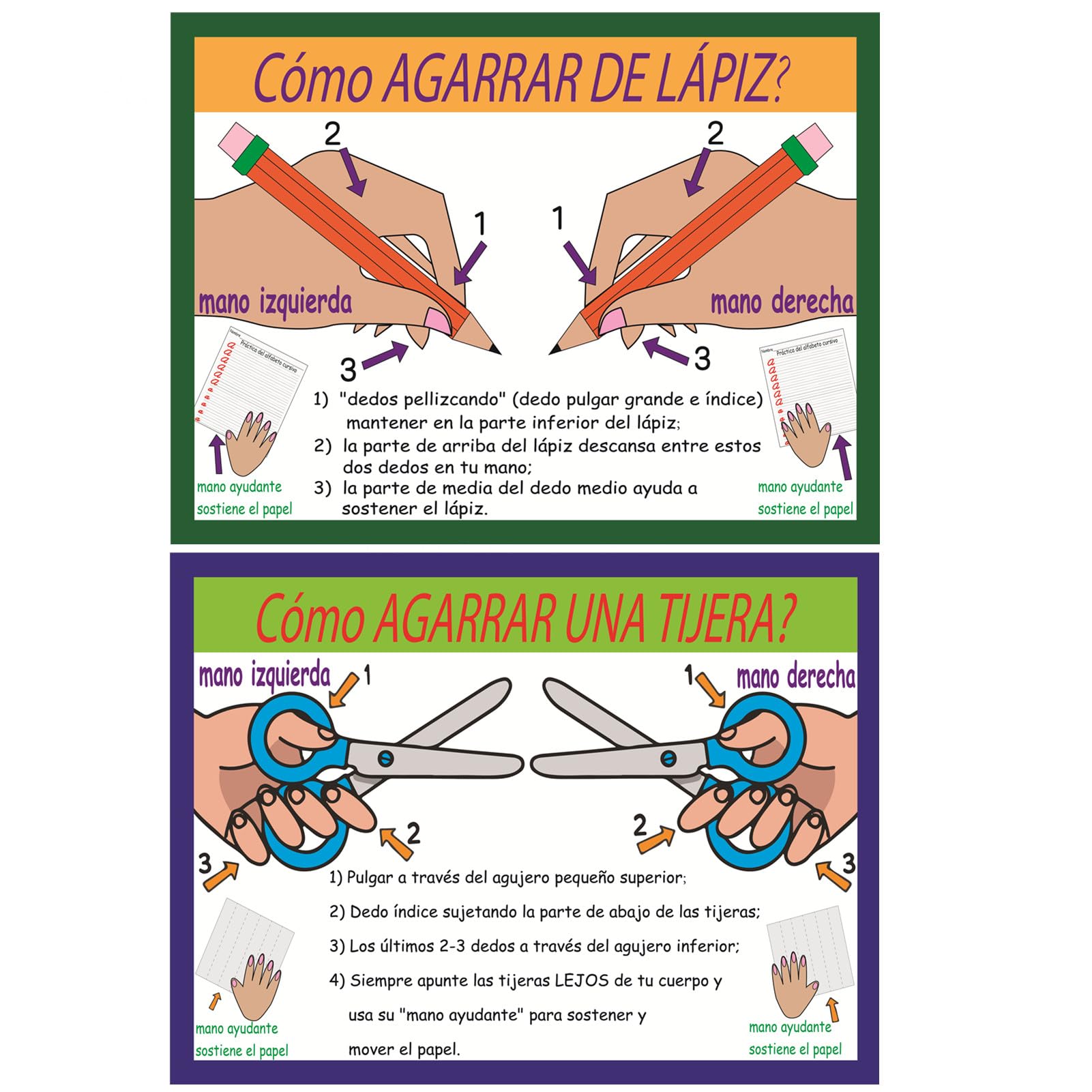 SANTSUN Pencil and Scissor Grip Educational Preschool Poster, How to Pencil Grip? and How to Scissor Grip? Poster with Illustrations, for Toddler and Kid, School Wall Decor, Spanish, 30x40cm