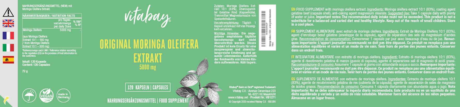 Vitabay Original Moringa Oleifera • 5000 mg PRO Kapsel • 120 Kapseln • Naturbelassen • Hochdosiert • Einmaliges Spektrum an natürlichen Nährstoffen • XXL-Packung