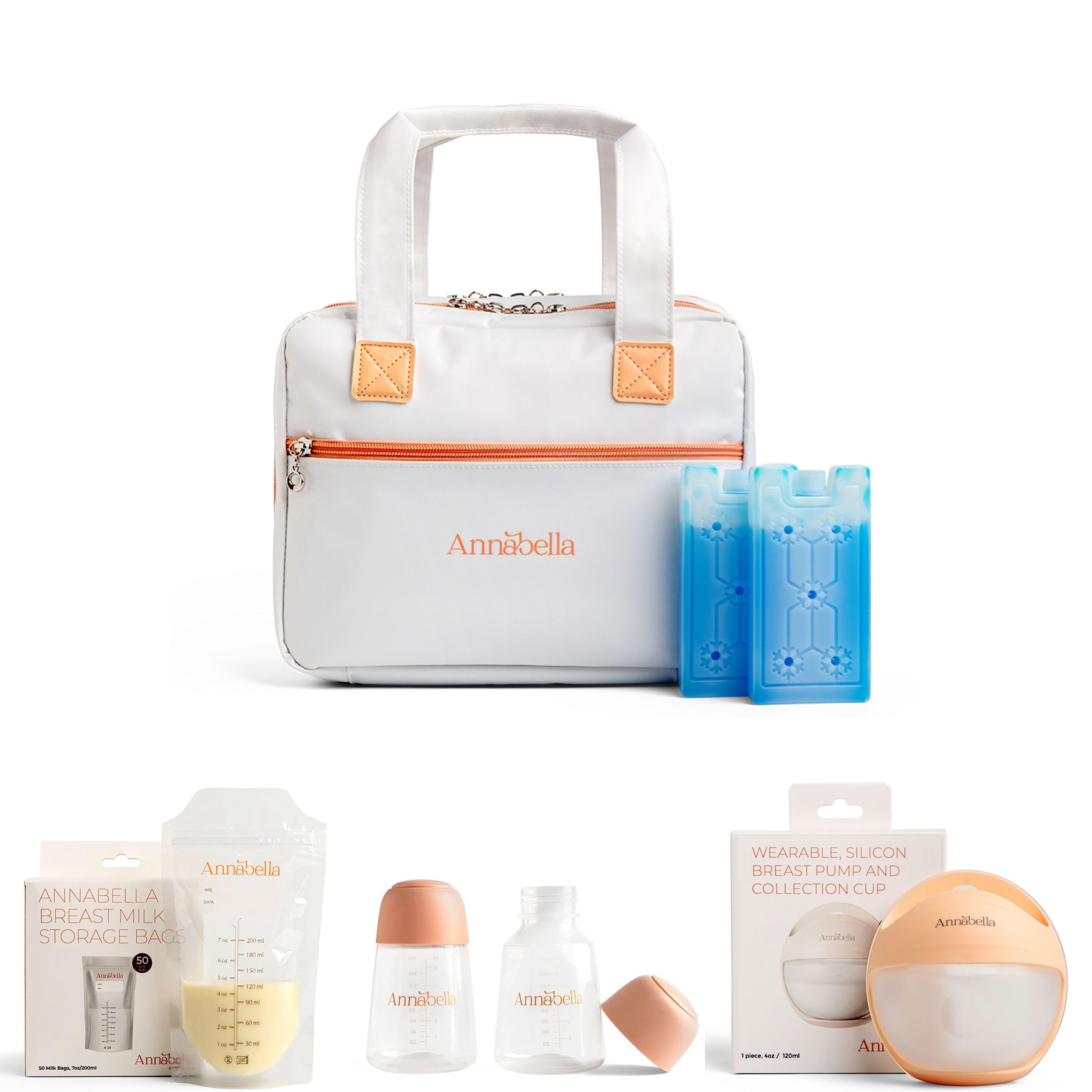 ANNABELLA Premium Stillset mit Handsfree Pumpe & Kühltasche | Handsfree Milchpumpe mit Kühltasche, 2 Babyflaschen und 50 Muttermilchbeuteln – BPA-frei, ideal unterwegs