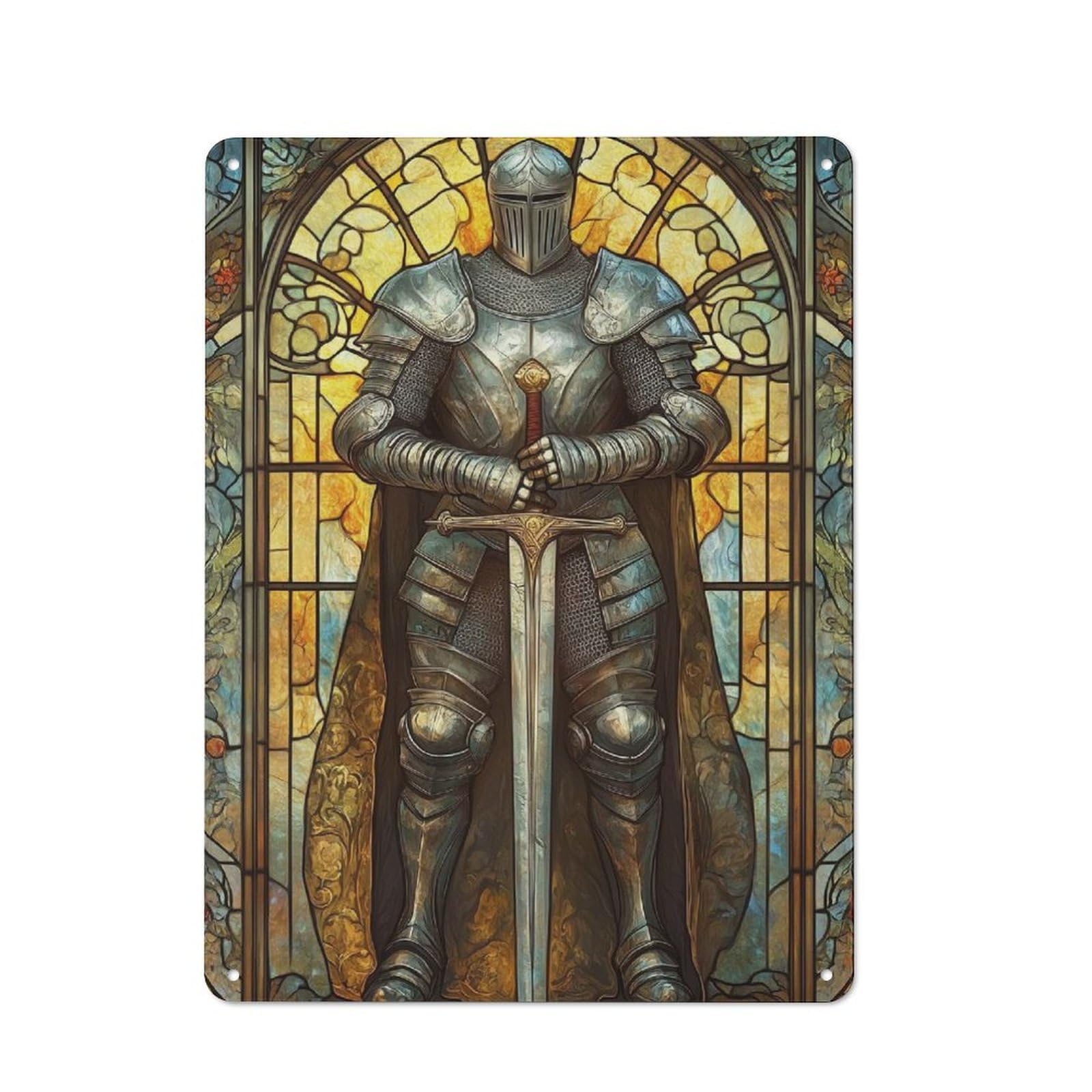 Junmoney Style-4 Tin Sign 40X30cm With Medieval Knight Armor Stained Glass For Workshop Wall, Vintage Decor, For Metal Sign Collectors, For Garage And Workshop Walls