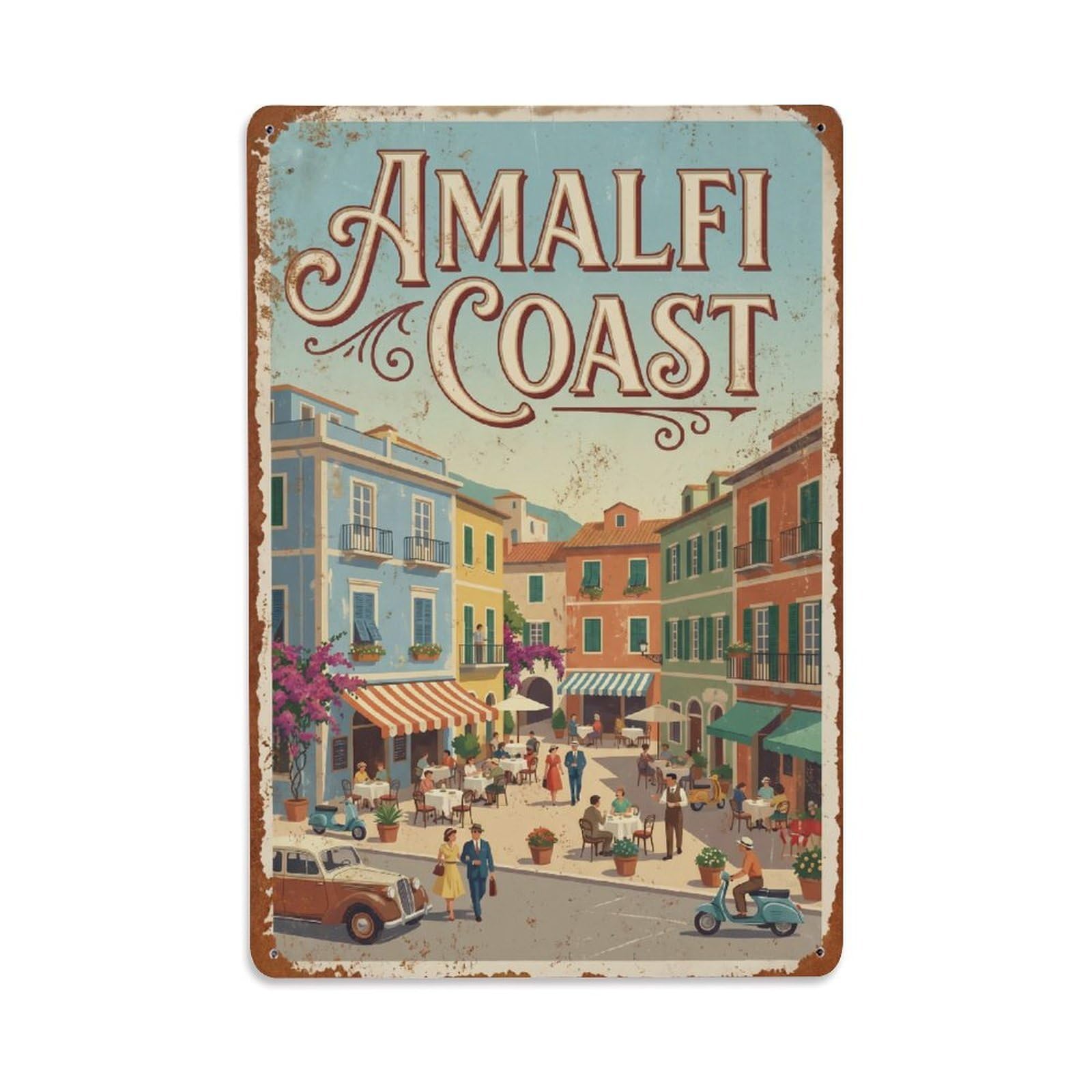 Vintage Travel Square Italy Village Metal Tin Sign