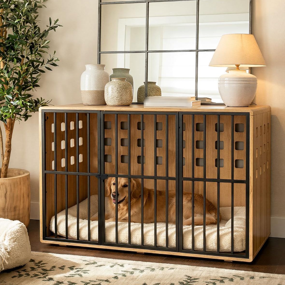 Extra Large Dog Crate Furniture, 47.2 Inches Wooden Dog Crates for Medium & Large, Decorative Kennel Indoor with Lockable Door, Heavy Duty Pet Crate Side Tbale for Living Room, Natural