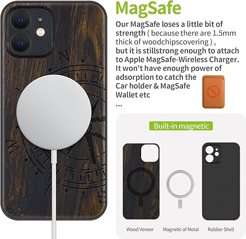 Miniatura 56 de Carveit Funda magnética de madera para iPhone 12 [madera natural y TPU suave negro] a prueba de golpes, funda de madera única y elegante compatible