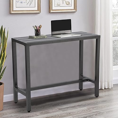 Miniatura 23 de Mesa de bar para exteriores, consola de patio, mesa de altura con marco de acero recubierto de polvo, resistente a la intemperie, parte superior Gris