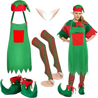 5 Piece Christmas Elf Costume for women Set including Santa Elf Hat, Fairy Elf Ears, Elf Apron, Long Striped Socks, Elf Shoes 5 PCS
