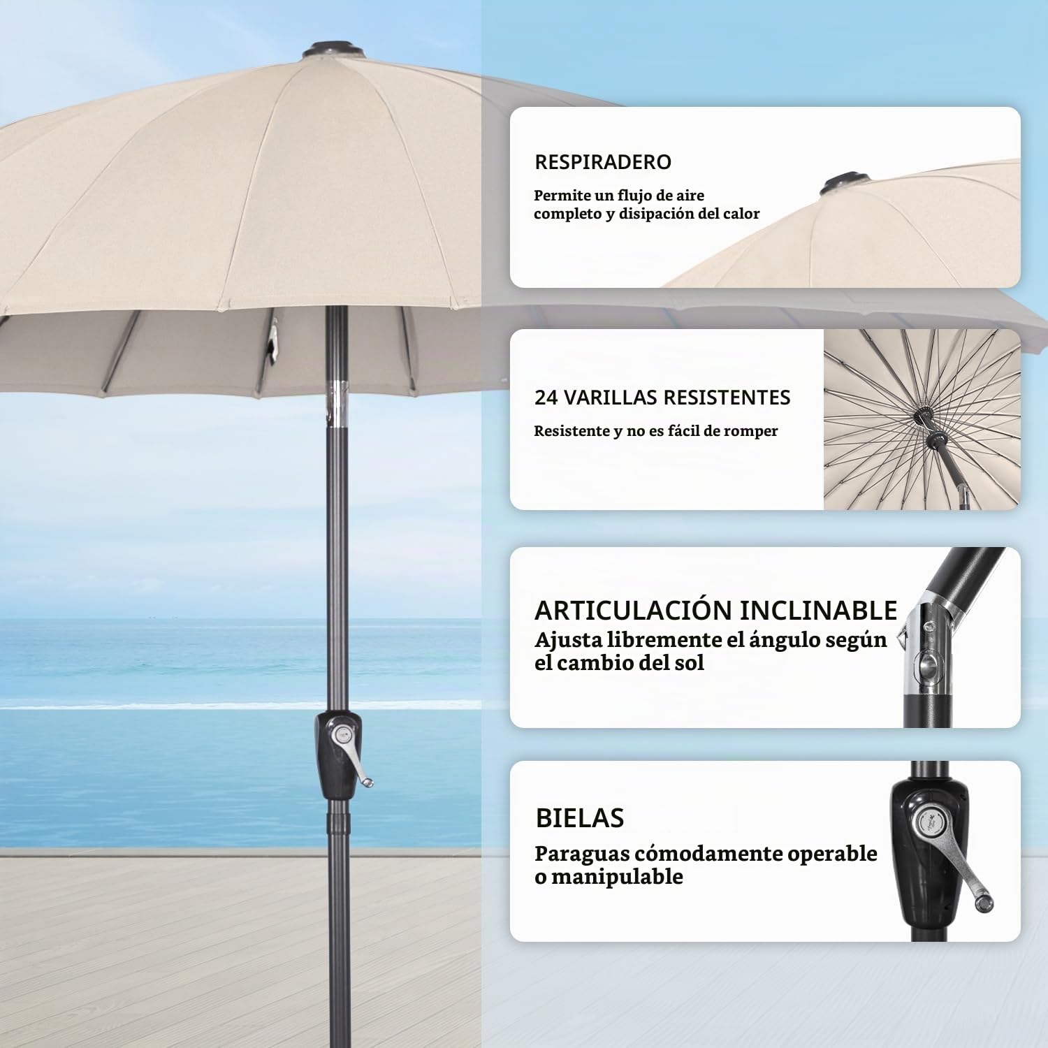 Angel Living 250cm Parasol de Acero de Jardín con Manivela, Sombrilla Inclinada muy Estado con Mástil de Diamentro de 38mm, para Jardín Patío Terraza (Crema)