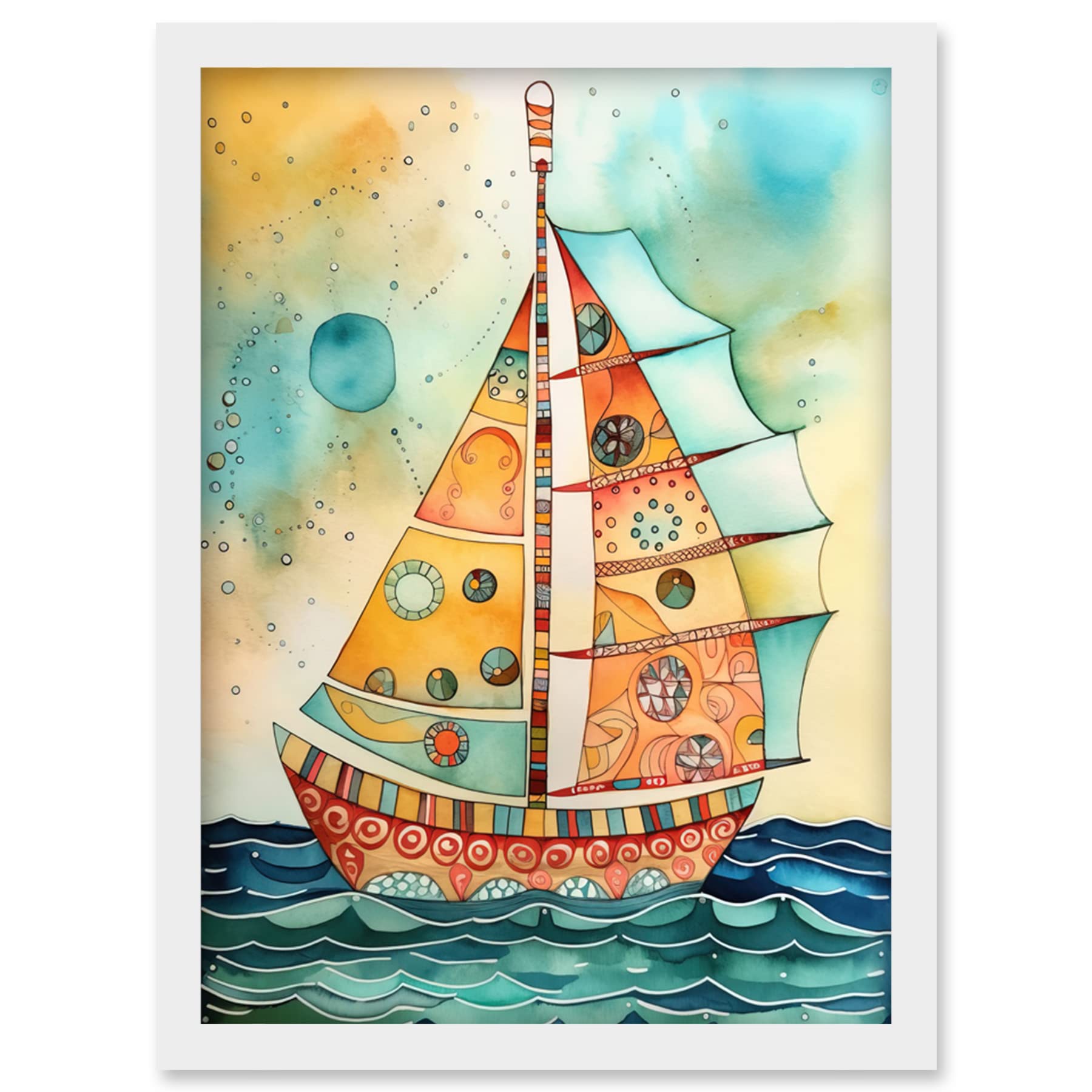 Artery8 Sailboat Concept With Dorsal Fin Sail Folk Art Artwork Framed Wall Art Print A4