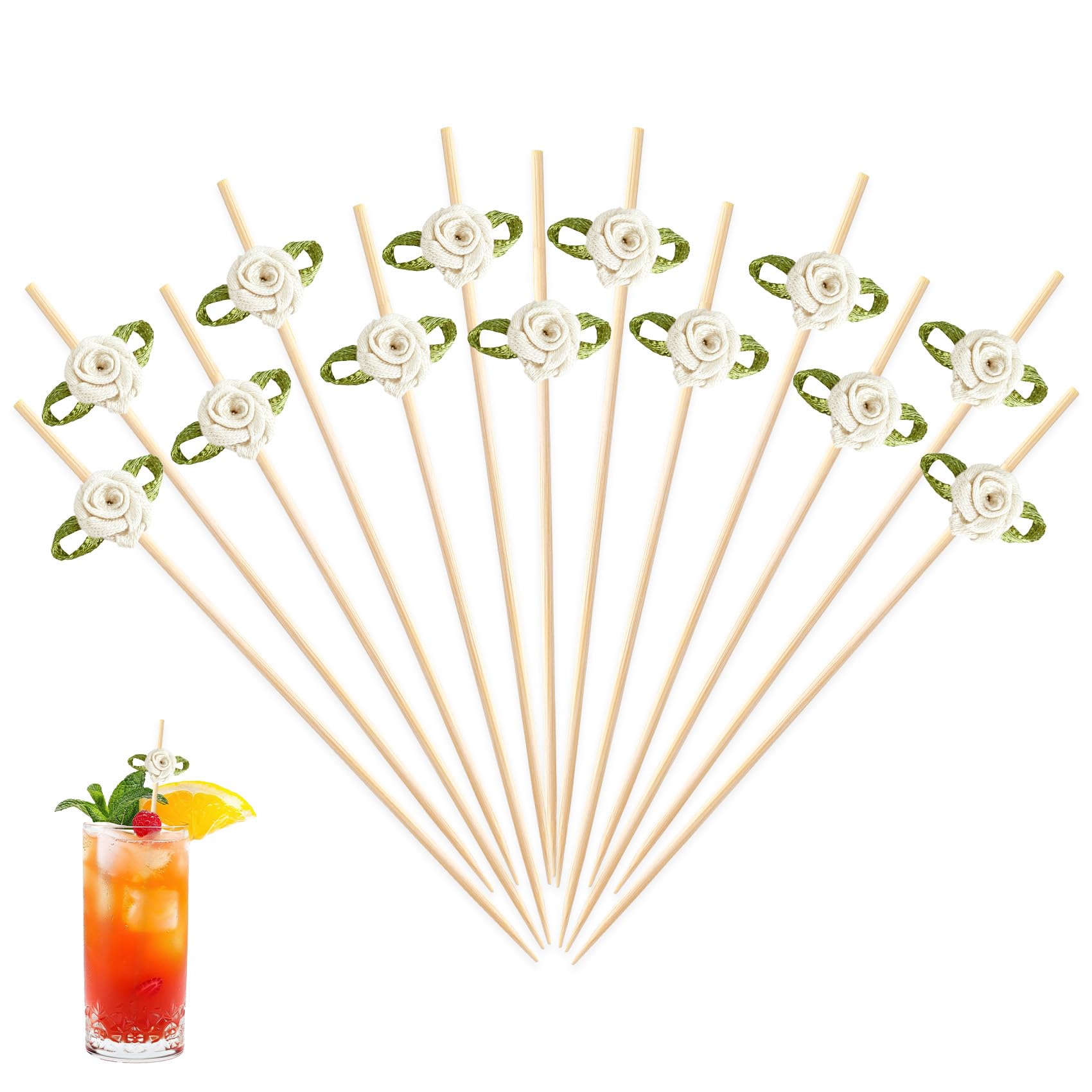200 Pcs White Rose Flower Cocktail Toothpicks, Bamboo Cocktail Sticks for Appetizers, Fruit, Charcuterie & Wedding Party Decorations, Fancy Food Skewers for Drinks and Dessert