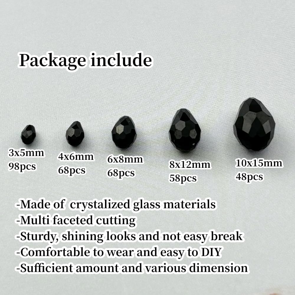 340pcs Teardrop Crystal Glass Beads 3x5mm 4x6mm 6x8mm 8x12mm 10x15mm Vertical Hole Faceted Glass Spacer Beads for Necklace Bracelet Earrings DIY Jewelry Crafts(Black) - Image 2