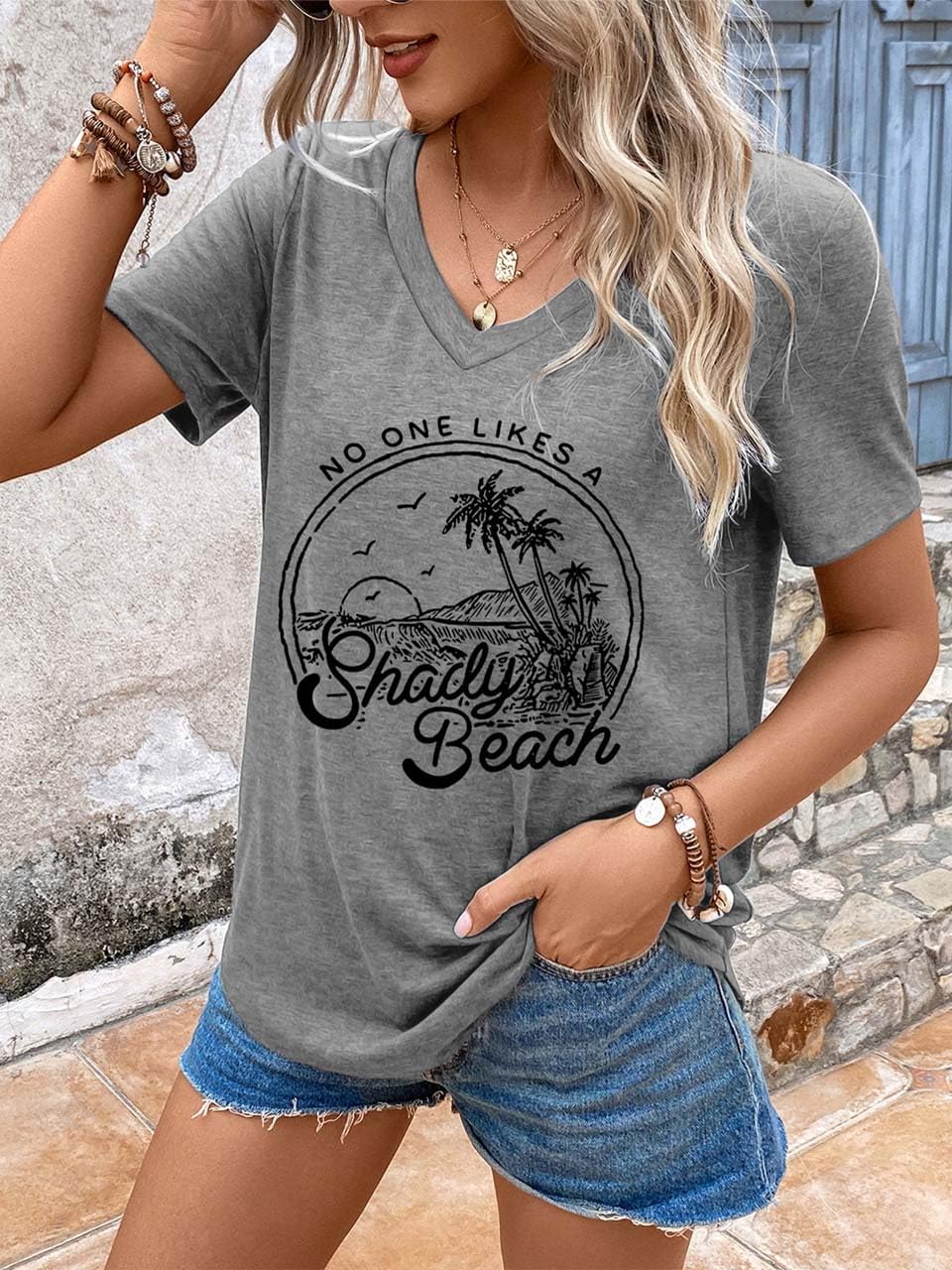 Women Summer Beach Tops Trees Print V Neck Short Sleeve Coconut Tree T Shirt Funny Graphic Tees - Image 2